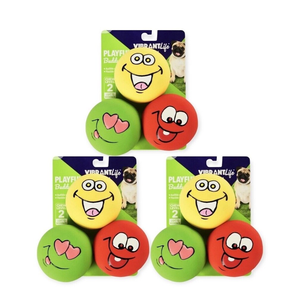 Lot of (34) - 3 Pack Vibrant Life Playful Emoticon Squeeky Rubber Dog Chew Toys - Picture 3 of 5
